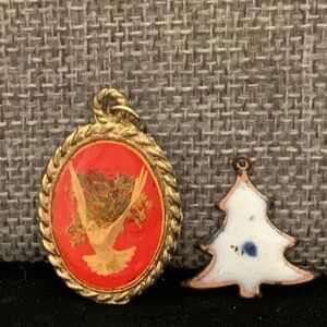 ♥️ Sale 3for$15! Two Vintage Christmas Pendants Gold Tone Enamel Tree & Dove